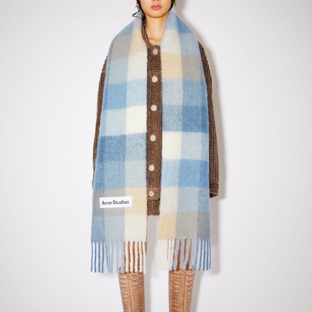 Acne Studios Checked Wool Fringe Scarf in Pastel Blue/Beige
